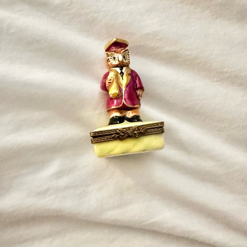 Limoges Hand-Painted Cat Scholar Trinket Box in Purple, Yellow and Gold Accents